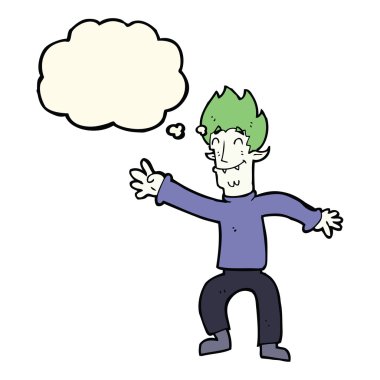 Düşünce baloncuklu mutlu vampir adam çizgi filmi.