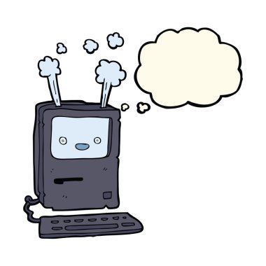 Düşünce baloncuklu eski bilgisayar
