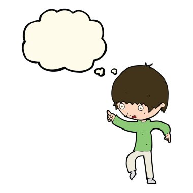 çizgi film endişeli çocuk düşünce balonunu işaret ediyor.