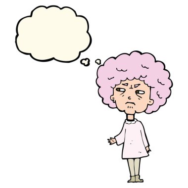 Düşünce baloncuğu olan yaşlı bir kadın.