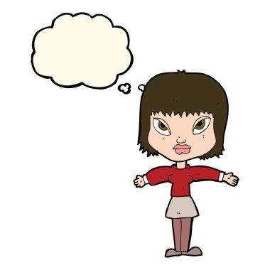 Düşünce baloncuğuyla kollarını açmış çizgi film kadını.