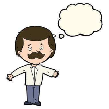 Düşünce baloncuğuyla kollarını açmış çizgi filmdeki bıyıklı adam.