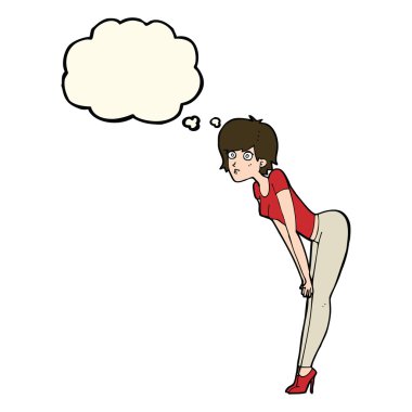 Çizgi filmdeki kadın düşünce baloncuklu bir şeye bakıyor.