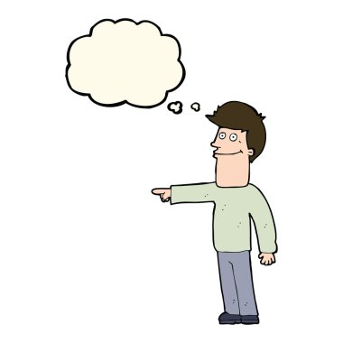 Çizgi film adamı düşünce balonunu işaret ediyor.
