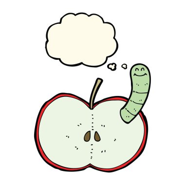 Düşünce baloncuklu solucanlı çizgi film elması