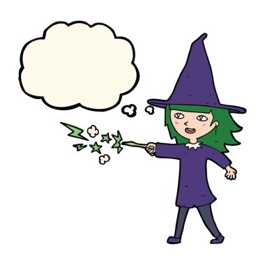 çizgi film cadısı kız düşünce baloncuğuyla büyü yapıyor.