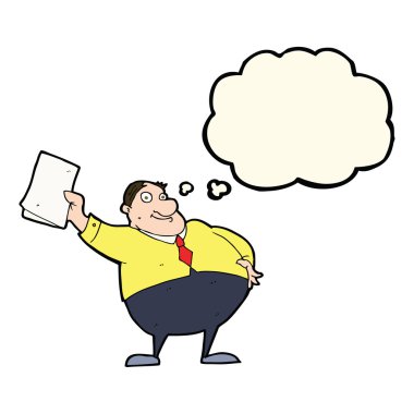 Çizgi film patronu düşünce balonuyla kağıtları sallıyor.