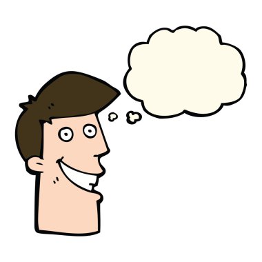 Düşünce baloncuğu ile sırıtan çizgi film adamı.