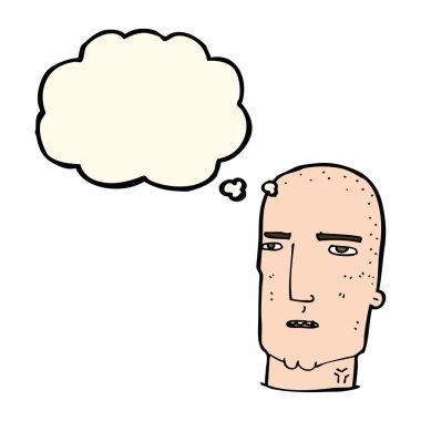 Düşünce baloncuğu olan kel, sert adam.