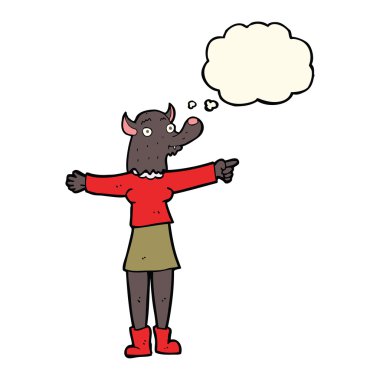 Düşünce baloncuğu olan kurtadam kadını gösteren çizgi film