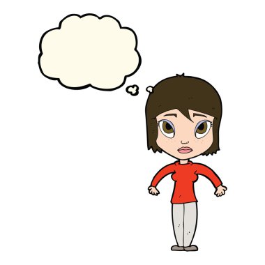 Çizgi filmdeki kadın düşünce balonuyla omuz silkiyor.