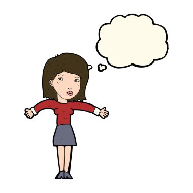 Çizgi filmdeki kadın düşünce balonuyla omuz silkiyor.