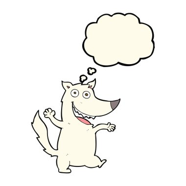 Düşünce baloncuğu olan mutlu bir kurt.