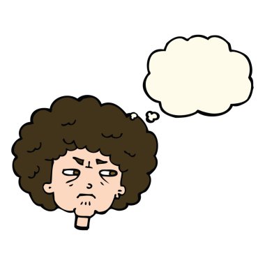 Düşünce baloncuğu olan huysuz yaşlı kadın.