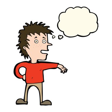 Çizgi filmci, düşünce baloncuğuyla umursamaz jest yapıyor.