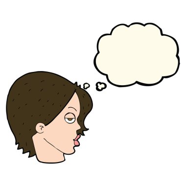 Düşünce baloncuğuyla kaşlarını kaldıran çizgi filmci kadın.