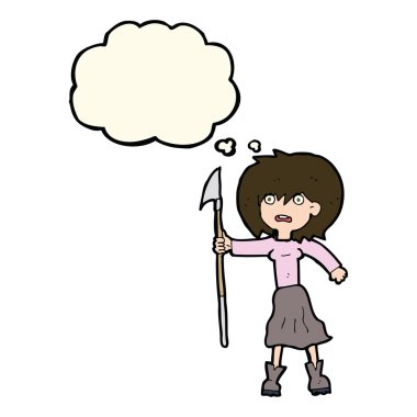 Düşünce balonlu zıpkın taşıyan çizgi film kadını.