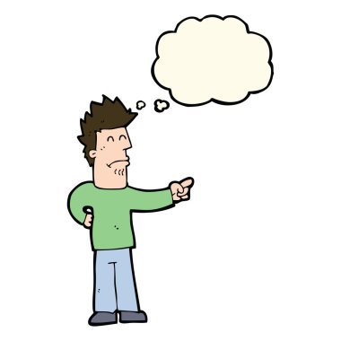 Çizgi film adamı düşünce balonunu işaret ediyor.