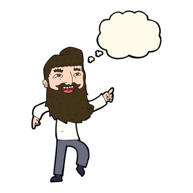 Çizgi filmdeki sakallı adam gülüyor ve düşünce balonuyla işaret ediyor.