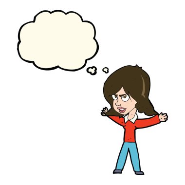 Düşünce baloncuğuyla hareket eden karikatür kadın.