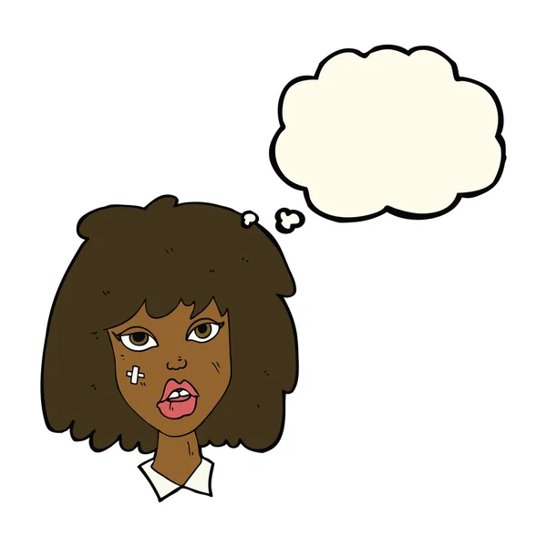 Mujer de dibujos animados con la cara magullada con burbuja de pensamiento — Vector de stock