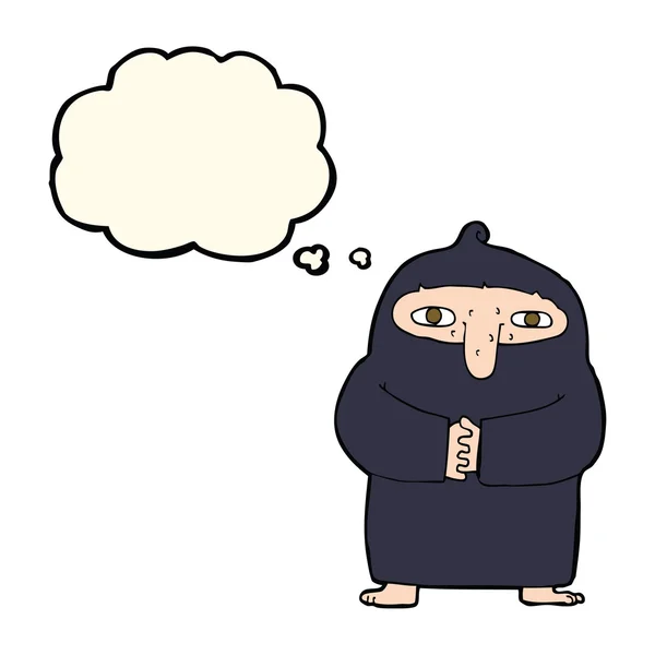 Cartoon monnik in badjas met gedachte zeepbel — Stockvector