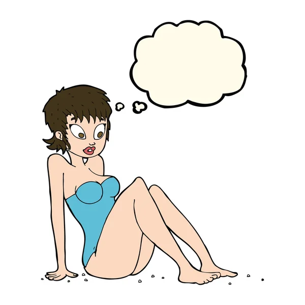 Femme dessin animé en maillot de bain avec bulle de pensée — Image vectorielle