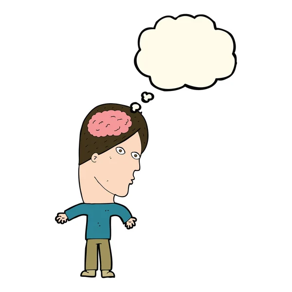 Dessin animé homme avec symbole du cerveau avec bulle de pensée — Image vectorielle