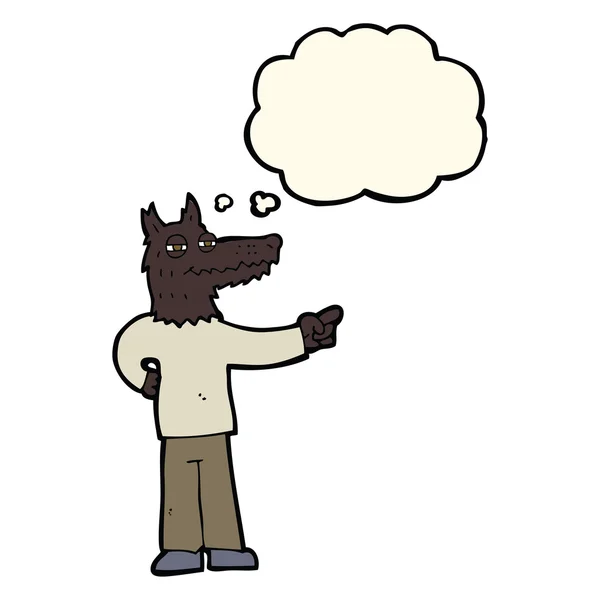 Cartone animato puntando lupo uomo con bolla di pensiero — Vettoriale Stock
