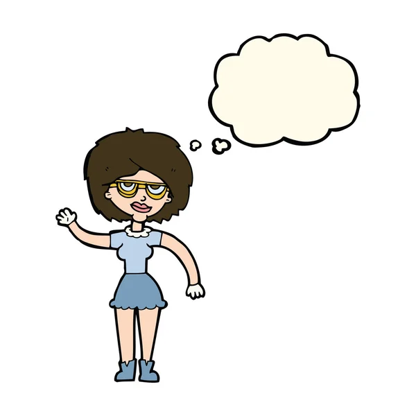 Dessin animé agitant femme portant des lunettes avec bulle de pensée — Image vectorielle