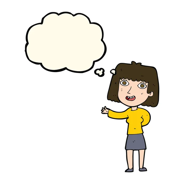 Mujer amigable dibujos animados ondeando con burbuja de pensamiento — Vector de stock