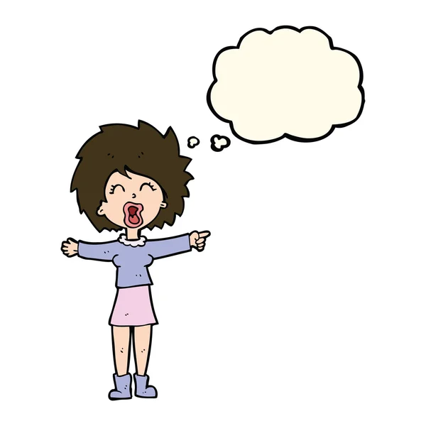 Karikatur gestresste Frau im Gespräch mit Gedankenblase — Stockvektor