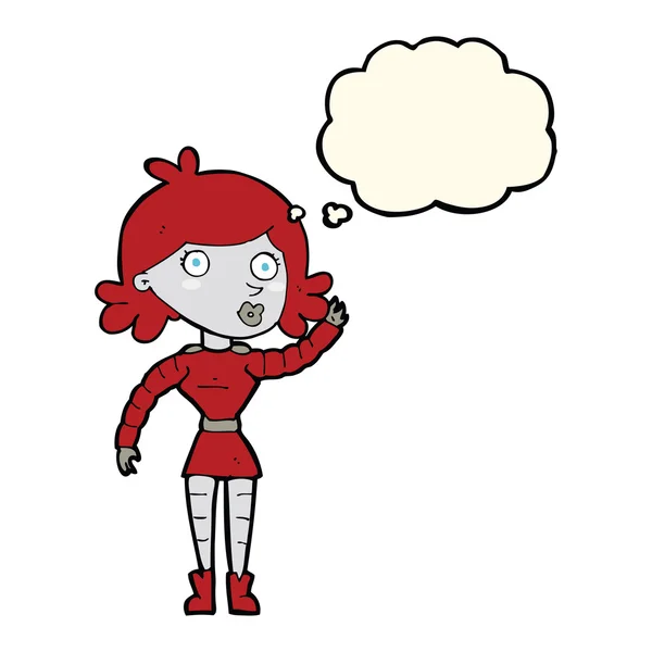 Cartoon robô mulher acenando com bolha pensamento — Vetor de Stock