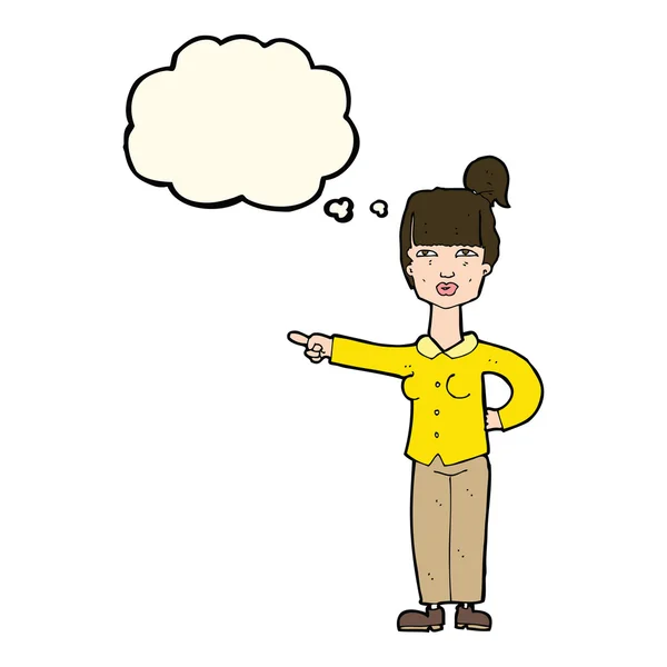 Cartoon woman pointing with thought bubble — Stock Vector