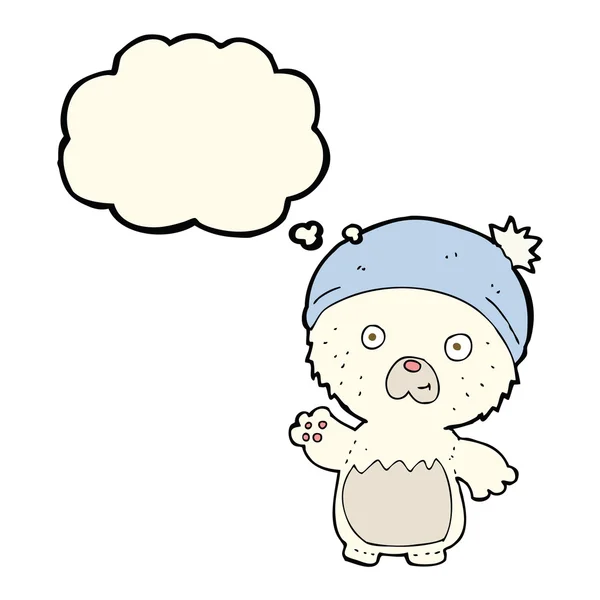 Cartoon niedlicher Teddybär im Hut mit Gedankenblase — Stockvektor