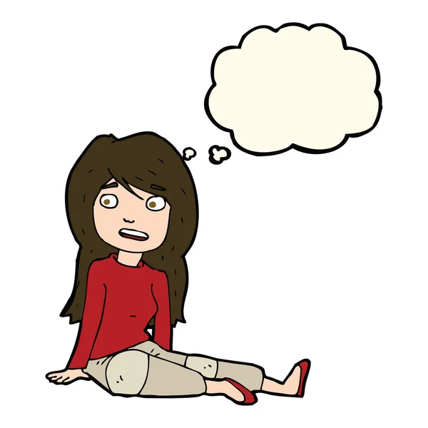 Cartoon-Mädchen sitzt mit Gedankenblase auf dem Boden — Stockvektor