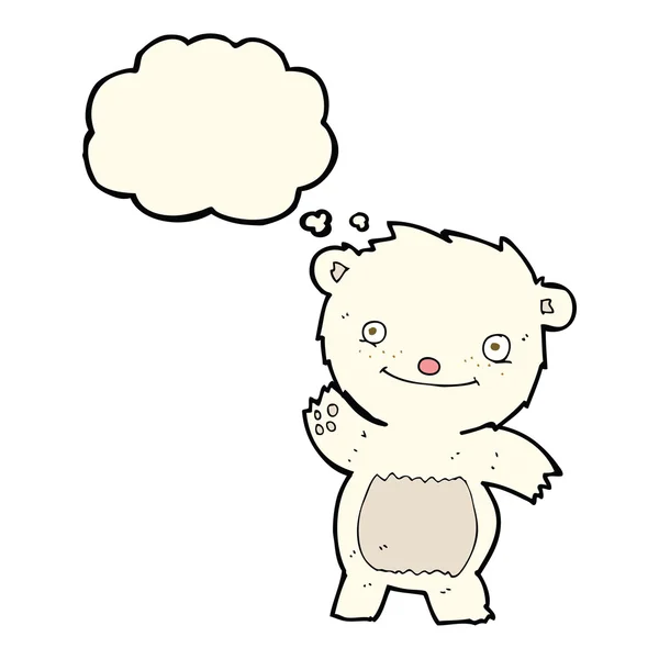 Cartoon waving polar bear cub with thought bubble — Stock Vector