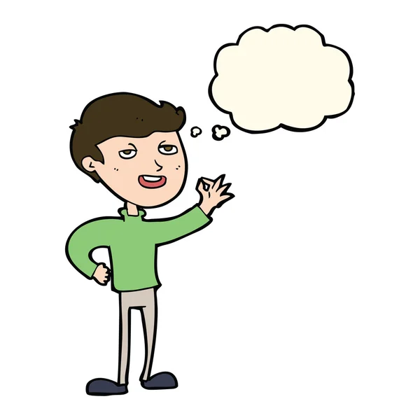 Uomo cartone animato facendo gesto eccellente con bolla di pensiero — Vettoriale Stock