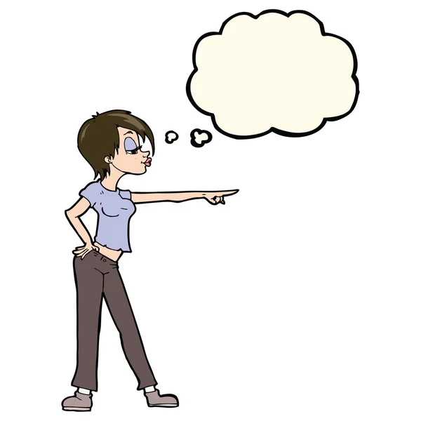 Cartoon hippe Frau zeigt mit Gedankenblase — Stockvektor