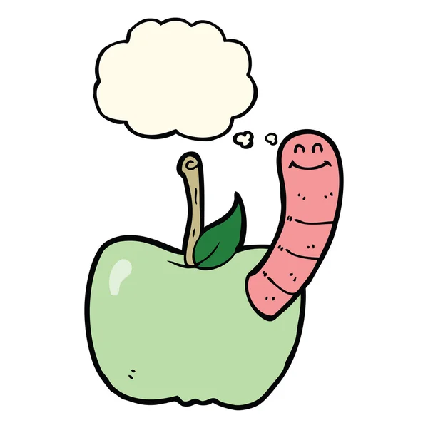 Manzana de dibujos animados con gusano con burbuja de pensamiento — Archivo Imágenes Vectoriales