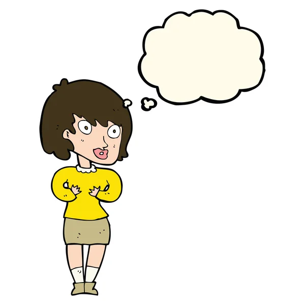 Mujer de dibujos animados haciendo Who Me? gesto con burbuja de pensamiento — Vector de stock