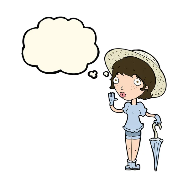 Mujer de dibujos animados en sombrero de verano ondeando con burbuja de pensamiento — Archivo Imágenes Vectoriales