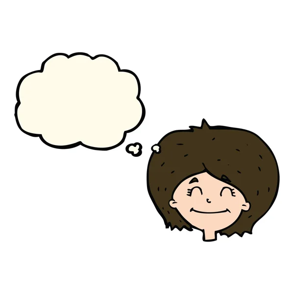 Cartone animato volto femminile felice con bolla di pensiero — Vettoriale Stock
