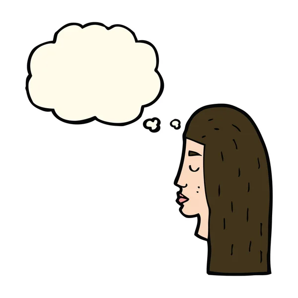 Desenho animado perfil de rosto feminino com bolha de pensamento — Vetor de Stock
