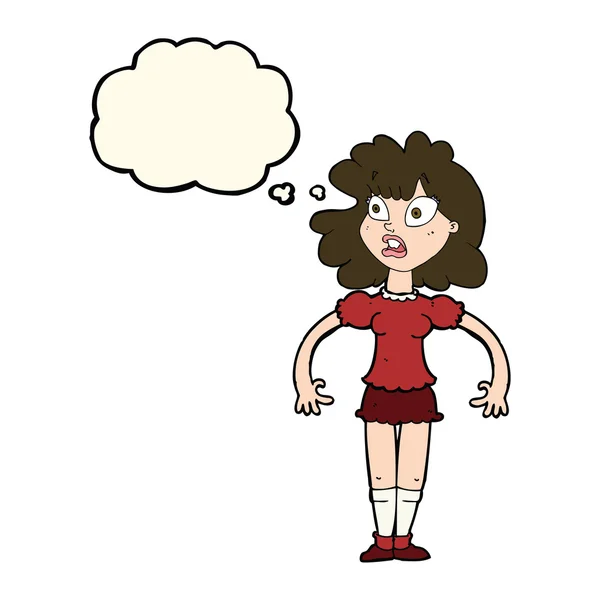 Cartone animato bella ragazza con espressione scioccata con bolla di pensiero — Vettoriale Stock