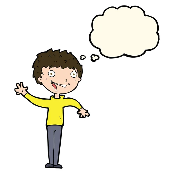 Desenho animado menino feliz acenando com bolha de pensamento — Vetor de Stock