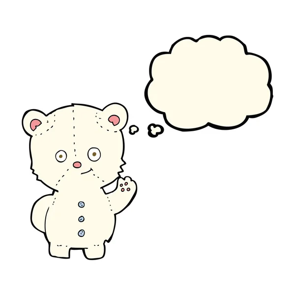 Мультяшний махаючий білий ведмідь кубик з мислючою бульбашкою — стоковий вектор