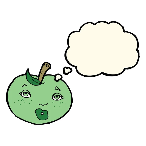 Pomme de dessin animé avec visage avec bulle de pensée — Image vectorielle