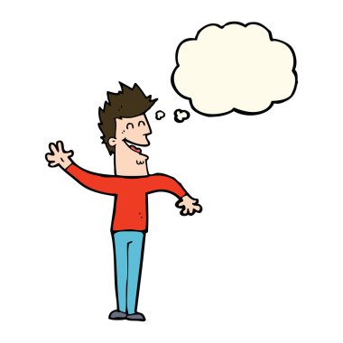 çizgi film mutlu adam düşünce baloncuğuyla el sallıyor