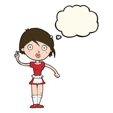 Çizgi film garsonu düşünce balonuyla el hareketi yapıyor.